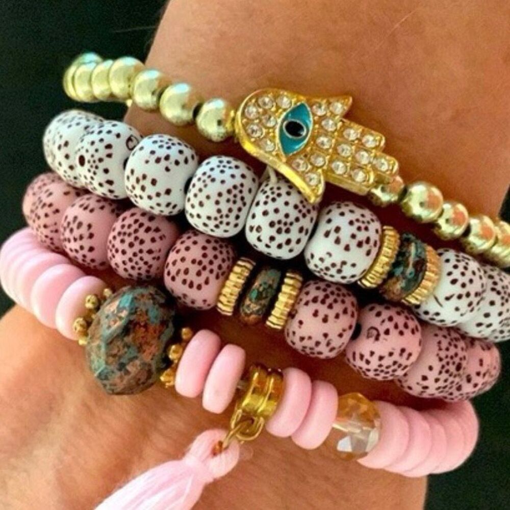 Hamsa Evil Eye Bracelet Stack Pink Gold Tone Beaded Set